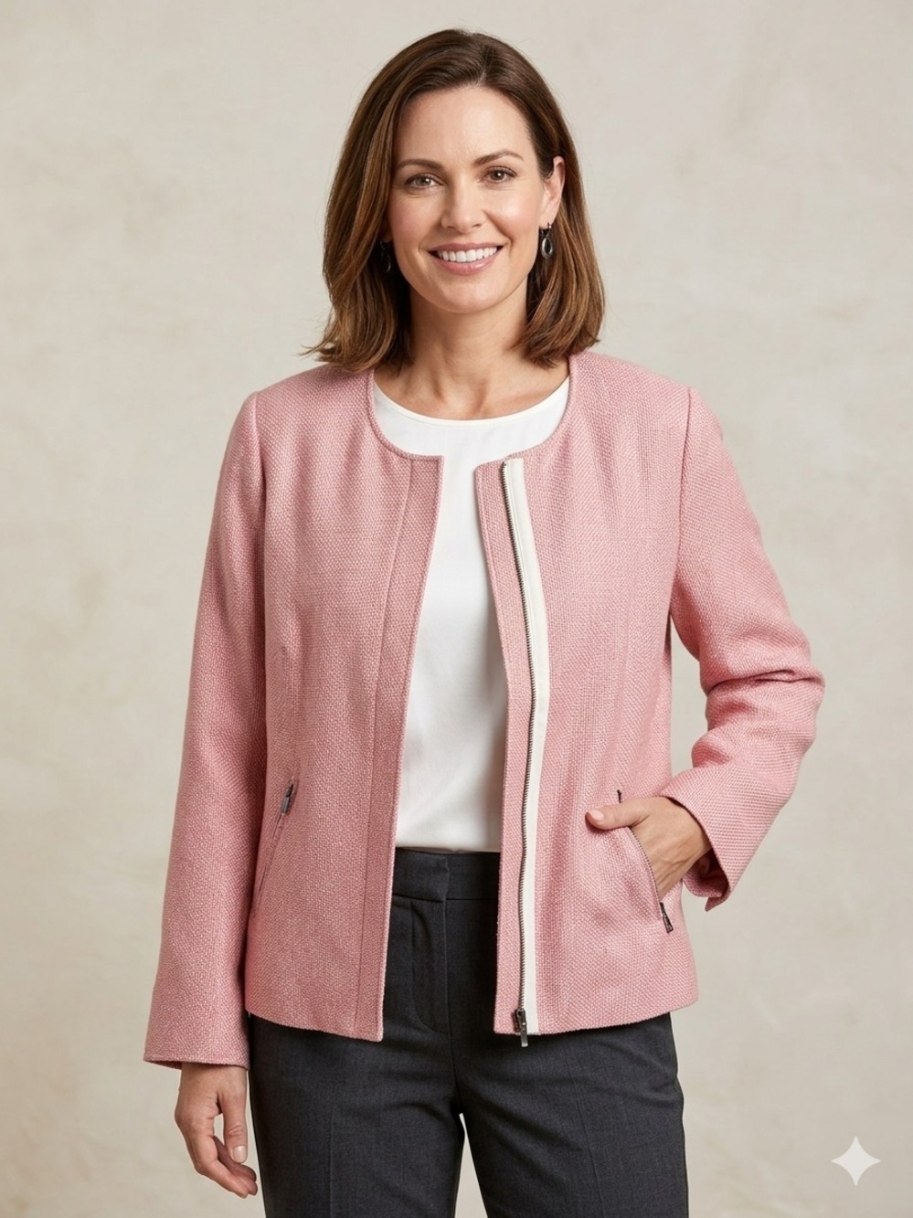 Orvis Silk blend Textured Pink Zip-Front Blazer
